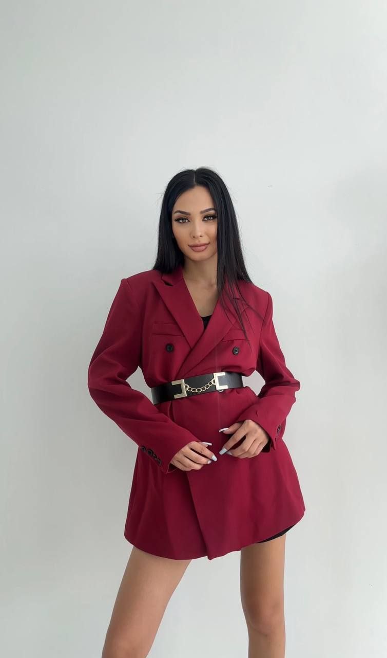 Veste Blazer Oversize Bordeau à Double Boutonnage (ceinture non incluse)