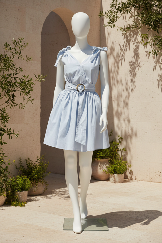 Robe bleu clair d’été Noona Tendance portée sur mannequin dans une ambiance méditerranéenne