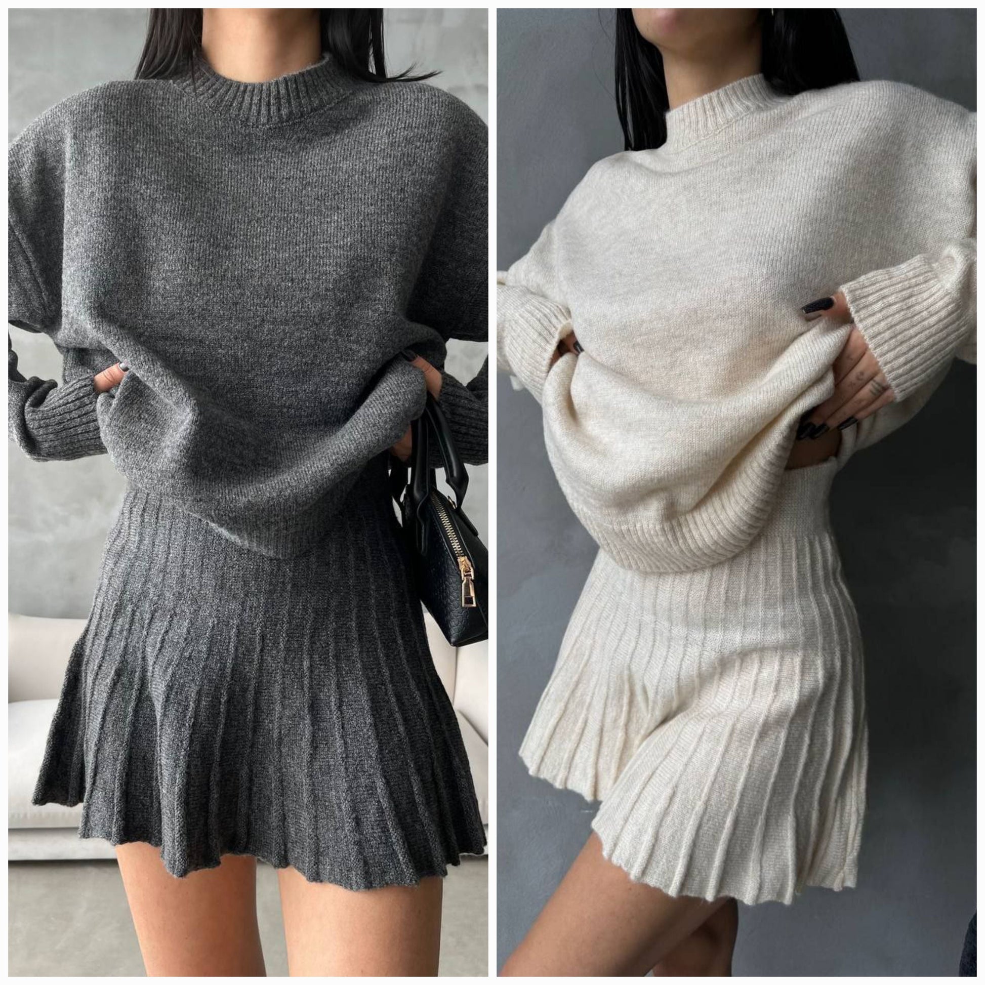 Ensemble pull et jupe blanc et gris