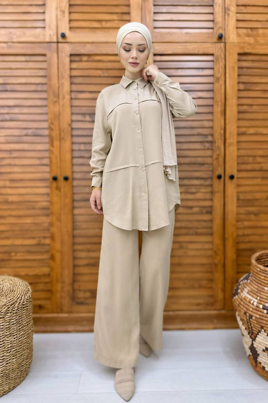 Ensemble Chemise Longue et Pantalon Beige à Taille Élastique