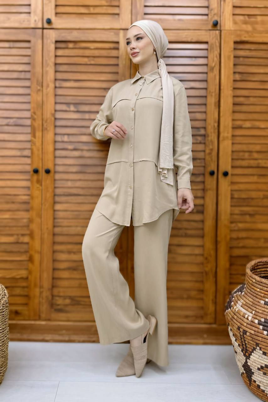 Ensemble Chemise Longue et Pantalon Beige à Taille Élastique