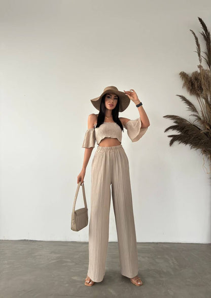 ensemble beige plisse femme chic ete