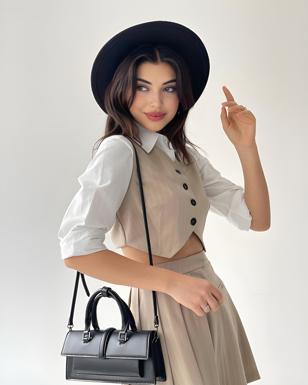 ensemble gilet jupe plissée taupe femme chic
