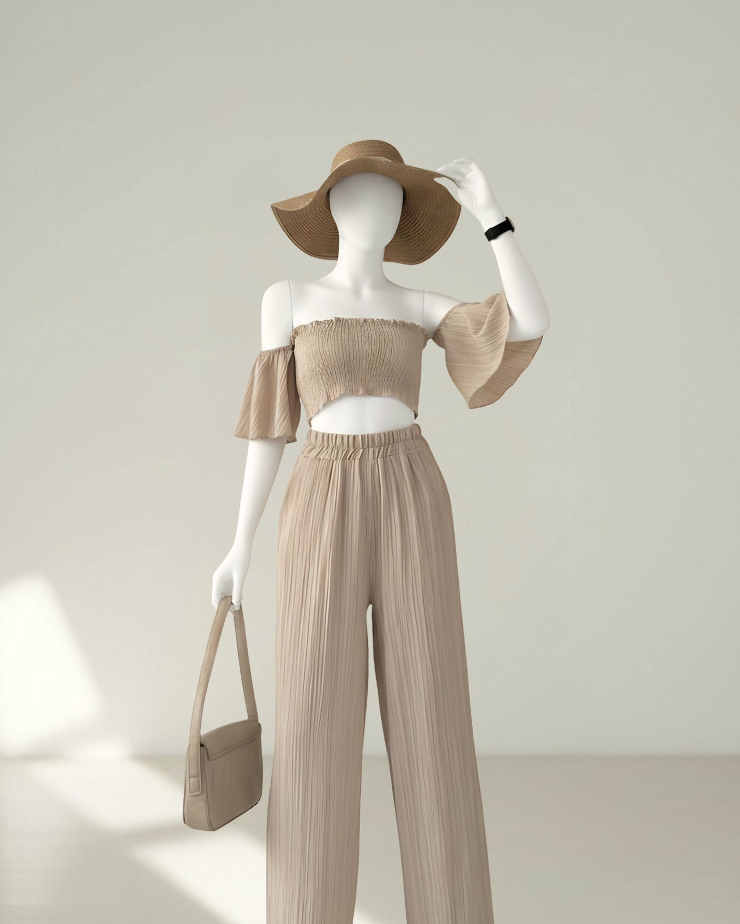 Ensemble Beige Plissé – Top & Pantalon Taille Haute