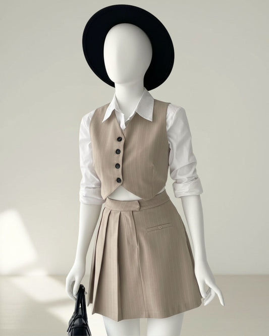 Ensemble Gilet & Jupe Plissée Taupe – Style Tailleur Chic