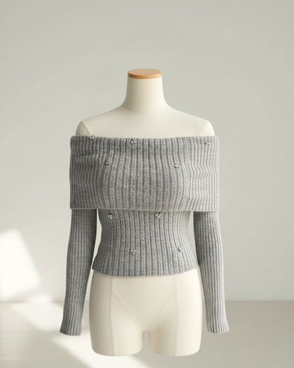 Pull Épaules Dénudées en Maille Côtelée – Gris Clair avec Strass