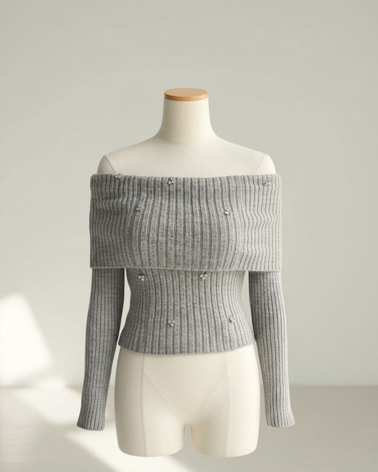 Pull Épaules Dénudées en Maille Côtelée – Gris Clair avec Strass