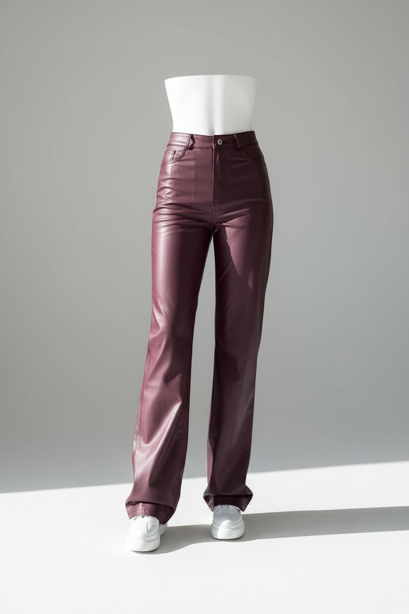 Pantalon Large Taille Haute en Simili Cuir – Marron & Bordeaux