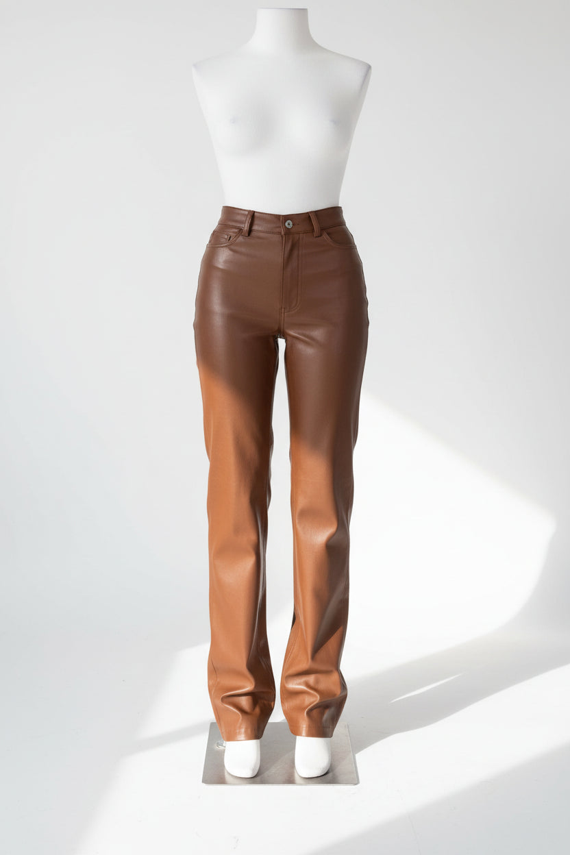 Pantalon Large Taille Haute en Simili Cuir – Marron & Bordeaux