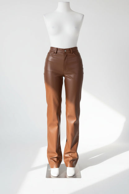 Pantalon Large Taille Haute en Simili Cuir – Marron & Bordeaux
