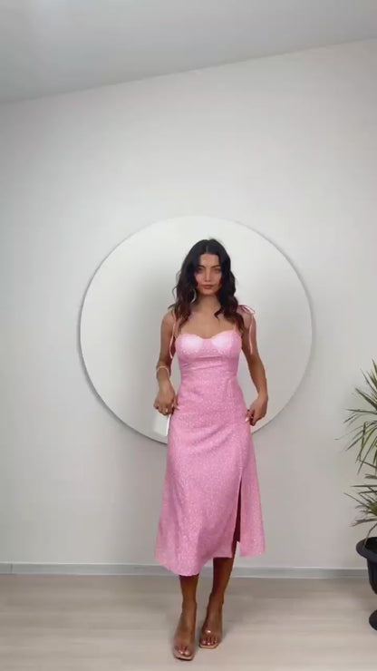 Robe Midi Pois Romantique – Bustier Cœur & Fente Élégante