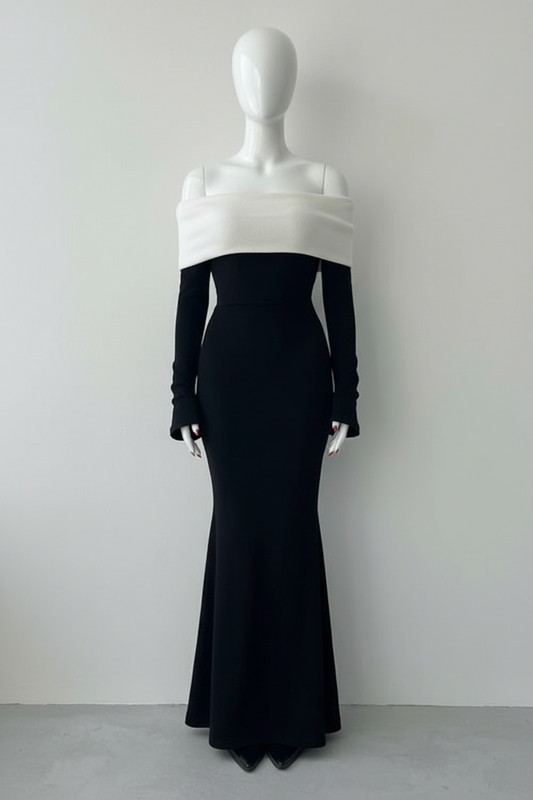 Robe Longue Bardot Noir & Blanc — Élégance Féminine Intemporelle