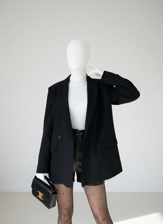 Blazer Oversize Noir Double Boutonnage – Élégance Structurée & Intemporelle