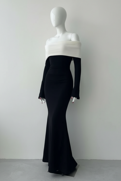Robe Longue Bardot Noir & Blanc — Élégance Féminine Intemporelle