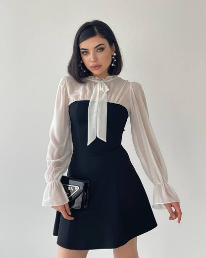 Robe Bicolore Noir & Blanc – Manches Mousseline & Nœud Col