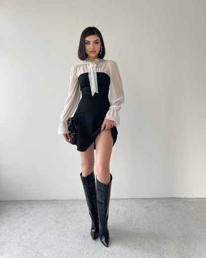 Robe Bicolore Noir & Blanc – Manches Mousseline & Nœud Col