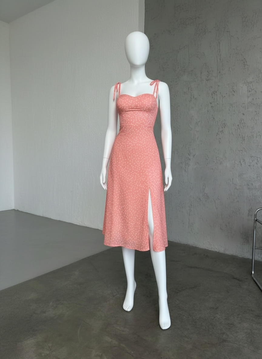 Robe Midi Pois Romantique – Bustier Cœur & Fente Élégante