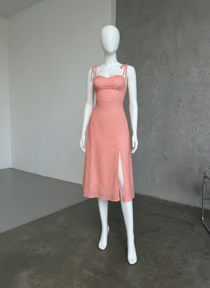 Robe Midi Pois Romantique – Bustier Cœur & Fente Élégante