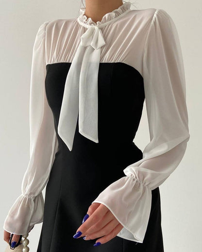 Robe Bicolore Noir & Blanc – Manches Mousseline & Nœud Col