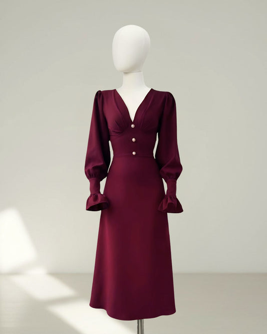 Robe Midi Bordeaux Élégante – Boutons & Manches Bouffantes