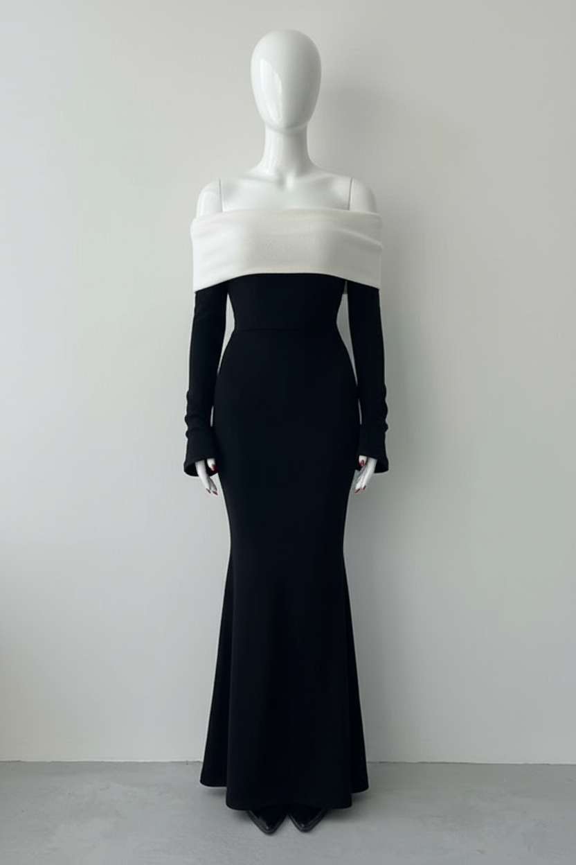 Robe Longue Bardot Noir & Blanc — Élégance Féminine Intemporelle