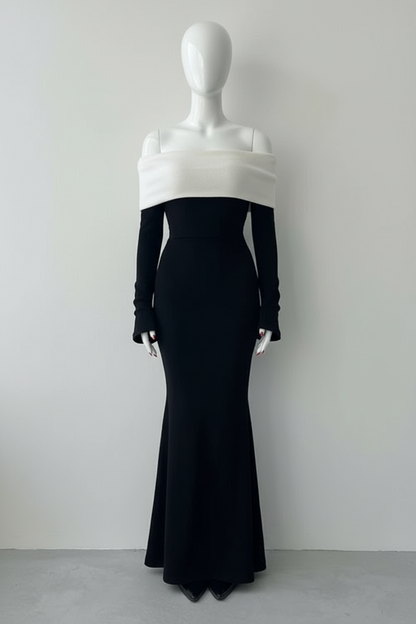 Robe Longue Bardot Noir & Blanc — Élégance Féminine Intemporelle