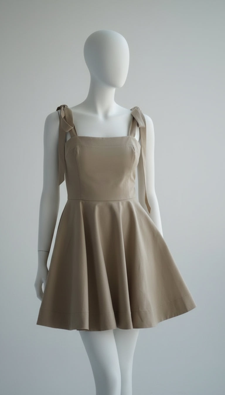 Robe Courte Beige et Noire à Bretelles Nouées – Coupe Évasée Féminine