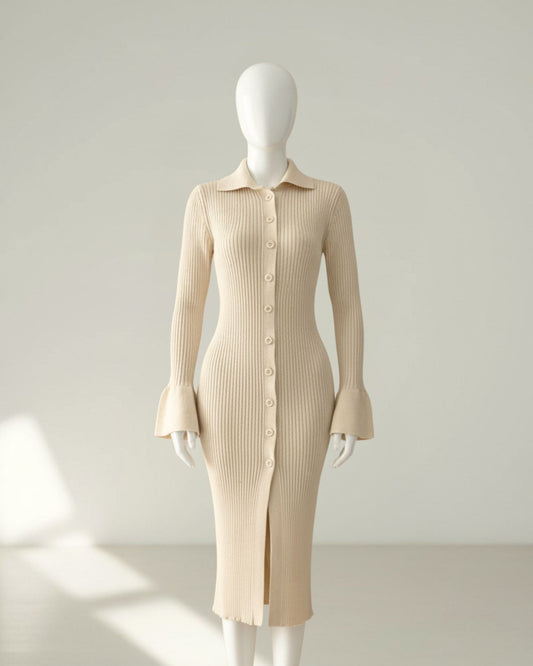 Robe maille côtelée boutonnée beige – Élégance sculptante