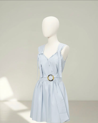 Robe Courte Fluide Ceinturée en Coton – Bleu Ciel