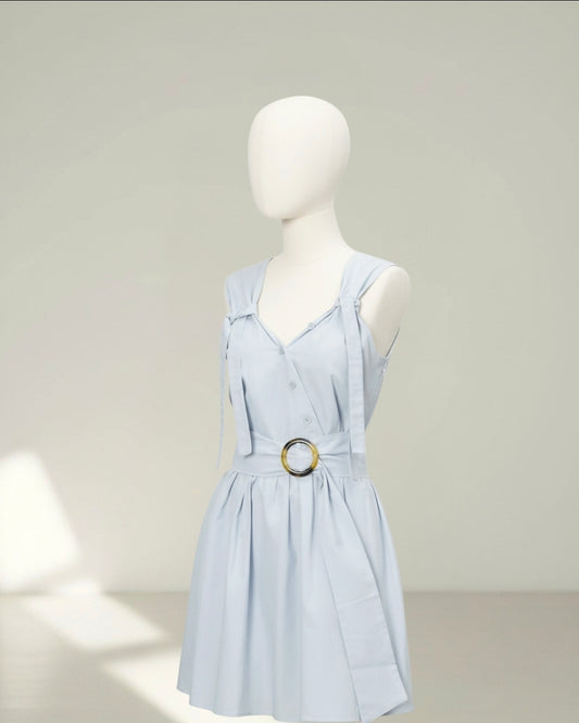 Robe Courte Fluide Ceinturée en Coton – Bleu Ciel