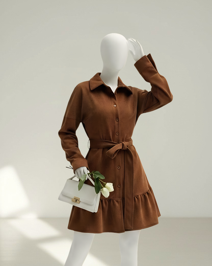 Mini Robe Ceinturée Effet Daim Marron – Silhouette Structurée & Élégance Moderne