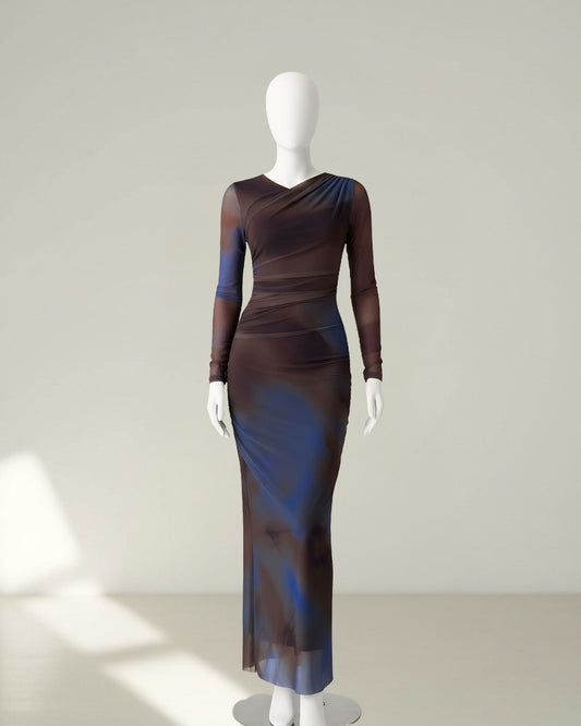 Robe Longue en Tulle Ombré Bleu & Marron – Élégance Sculptante & Raffinée