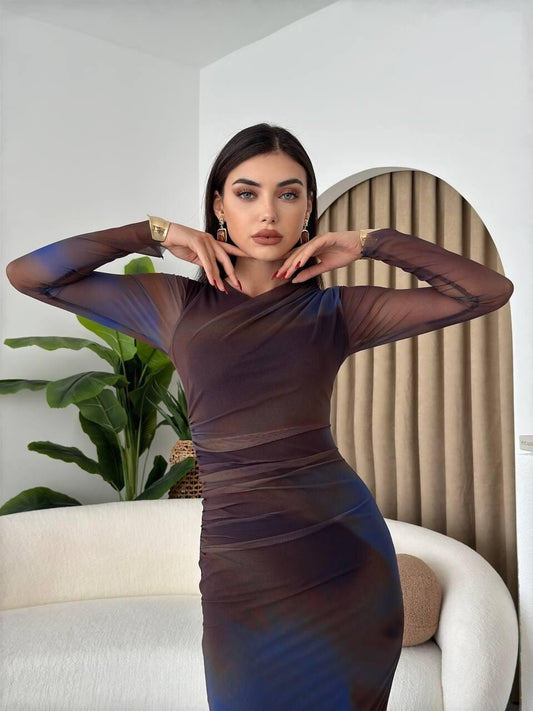 robe longue tulle ombre bleu marron femme elegante
