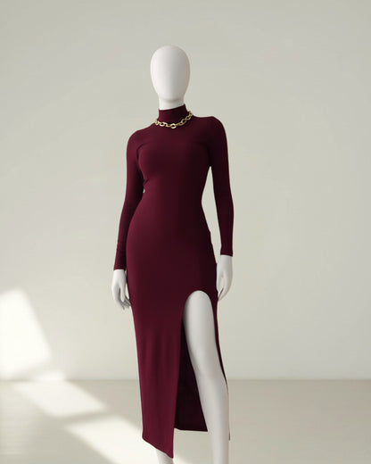 Mid-length bodycon dress with slit and turtleneck