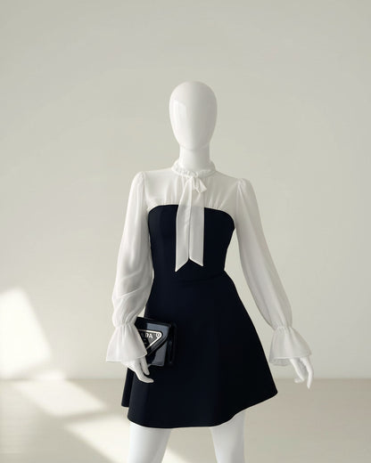 Robe Bicolore Noir & Blanc – Manches Mousseline & Nœud Col