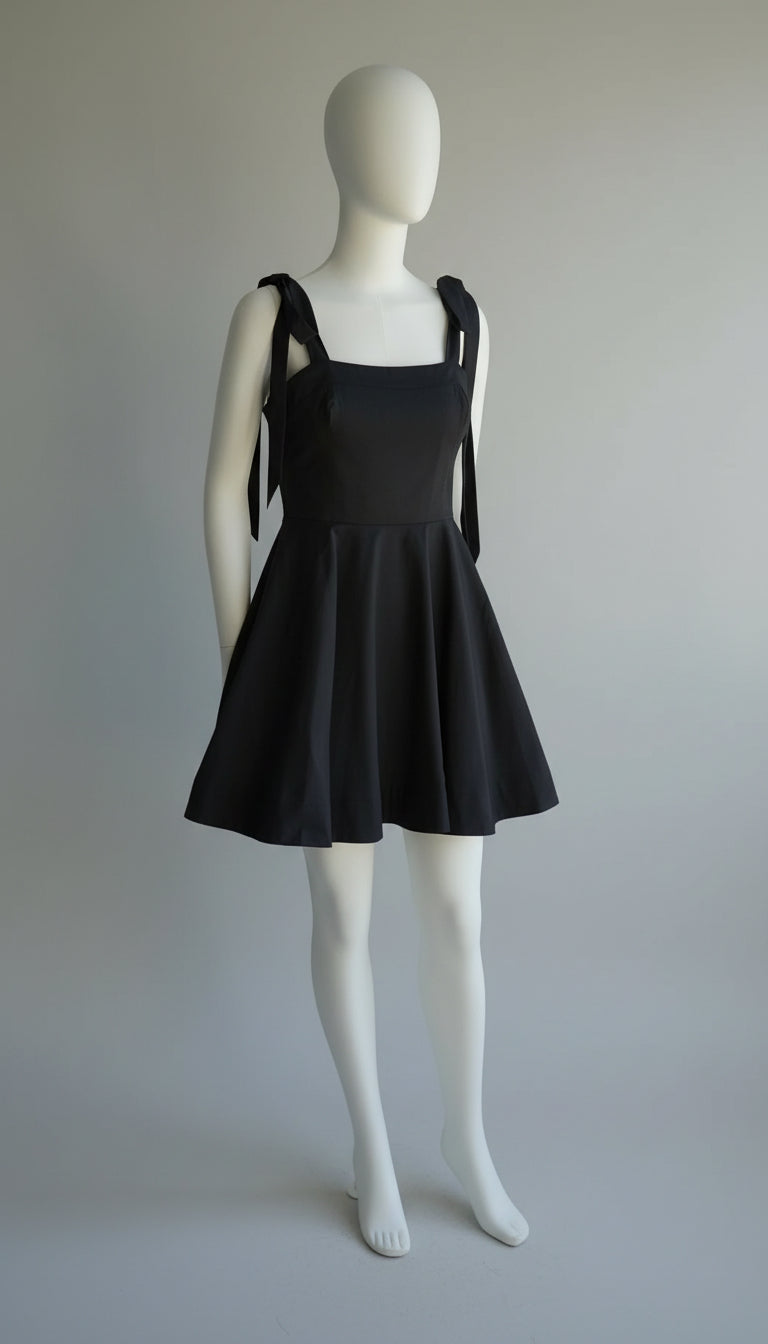 Robe Courte Beige et Noire à Bretelles Nouées – Coupe Évasée Féminine