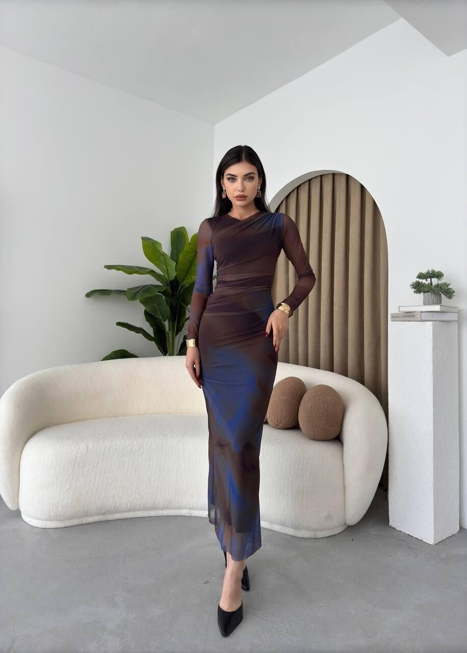 robe longue tulle ombre bleu marron femme elegante
