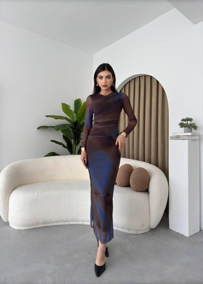 robe longue tulle ombre bleu marron femme elegante