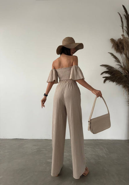 tenue ete femme pantalon large beige