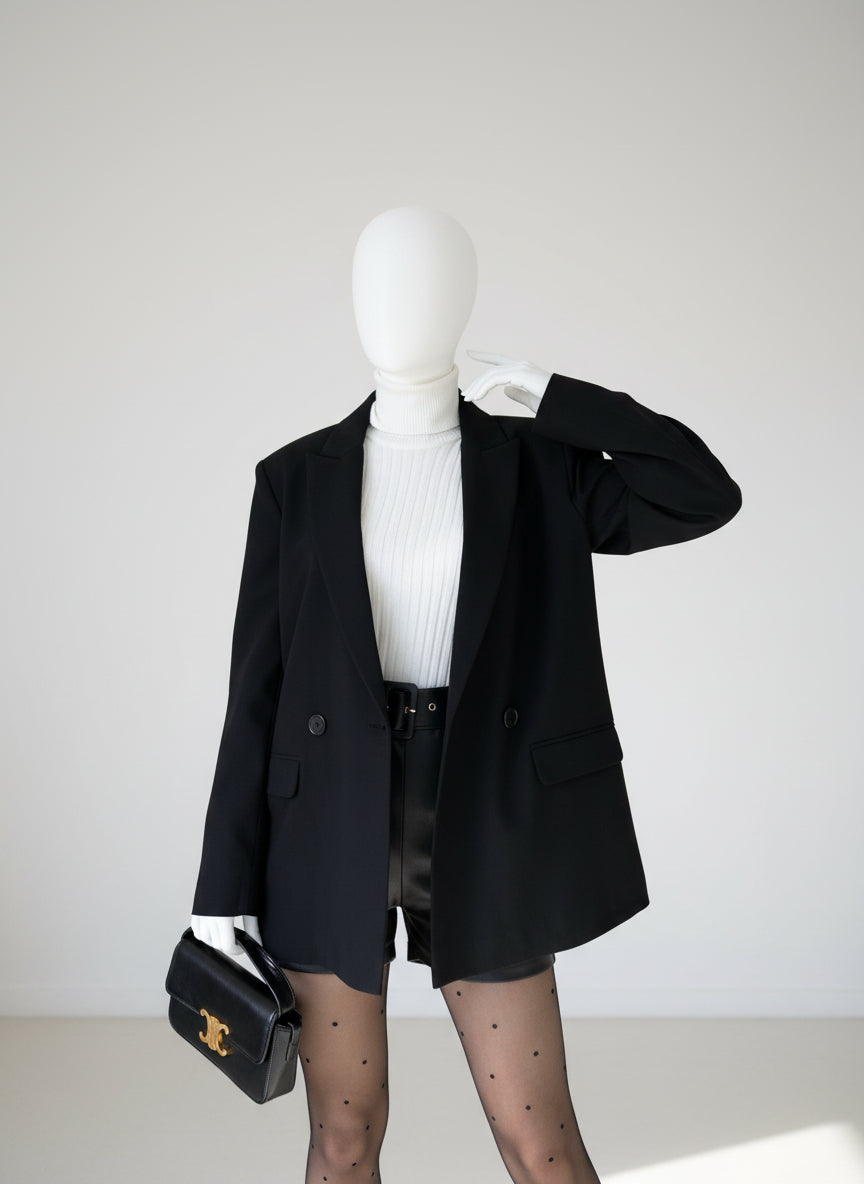 Blazer Oversize Noir Double Boutonnage – Élégance Structurée & Intemporelle
