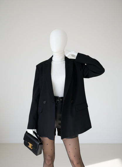 Blazer Oversize Noir Double Boutonnage – Élégance Structurée & Intemporelle